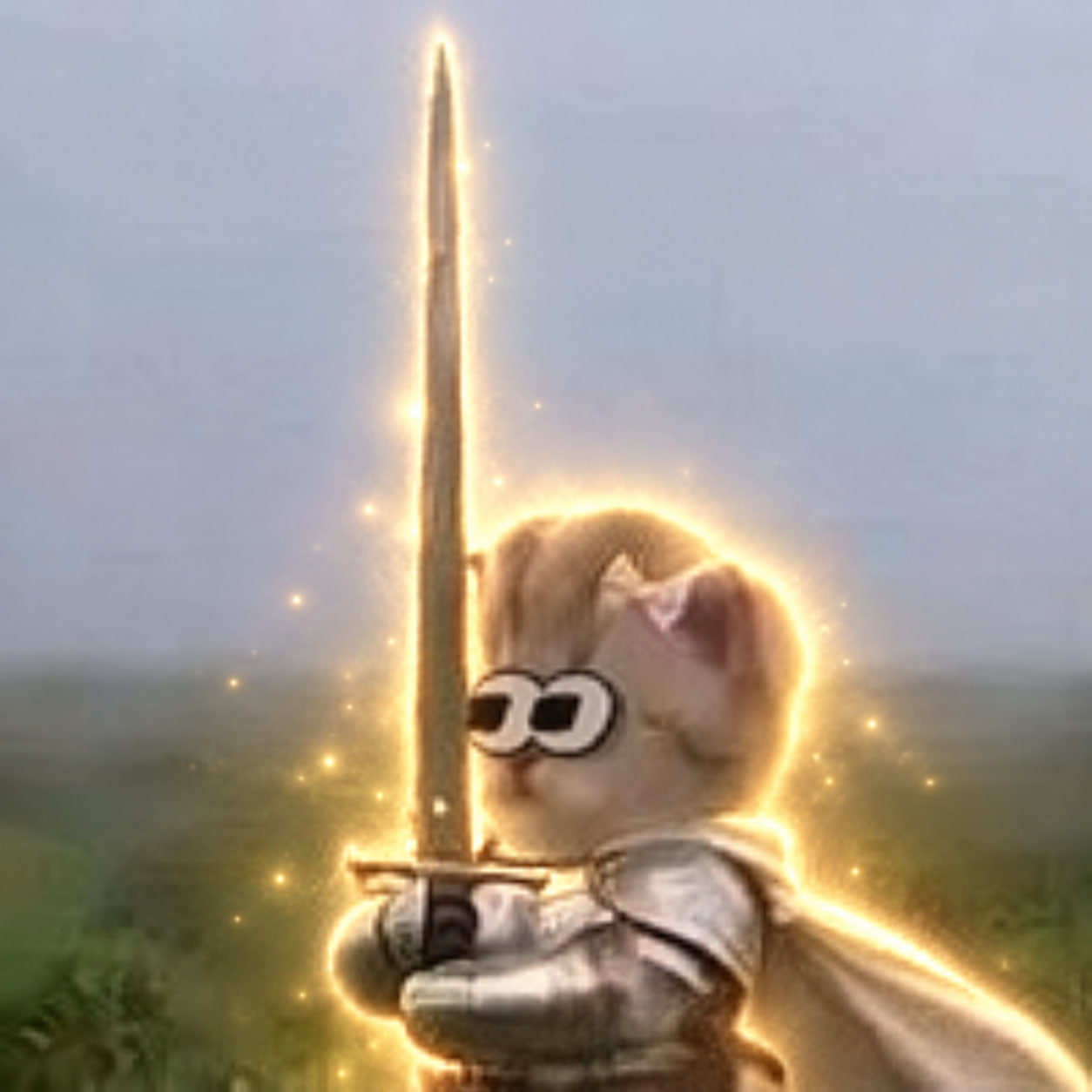 Googly-eyed kitten knight in armor holding an enormous glowing golden sword